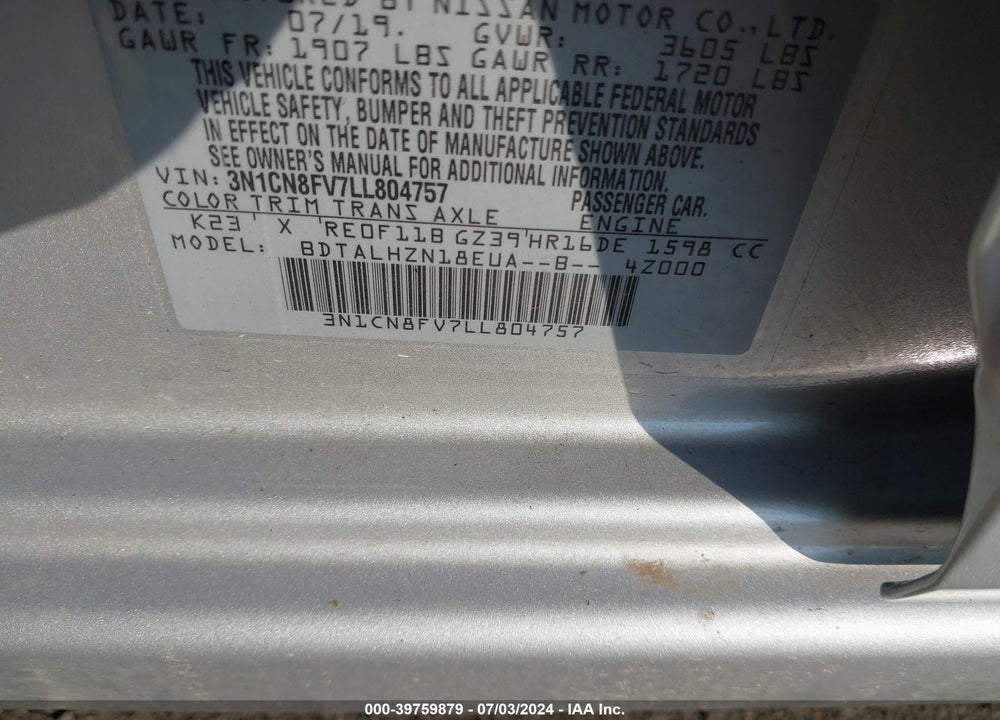2020 NISSAN VERSA SR XTRONIC CVT VIN: 3N1CN8FV7LL804757
