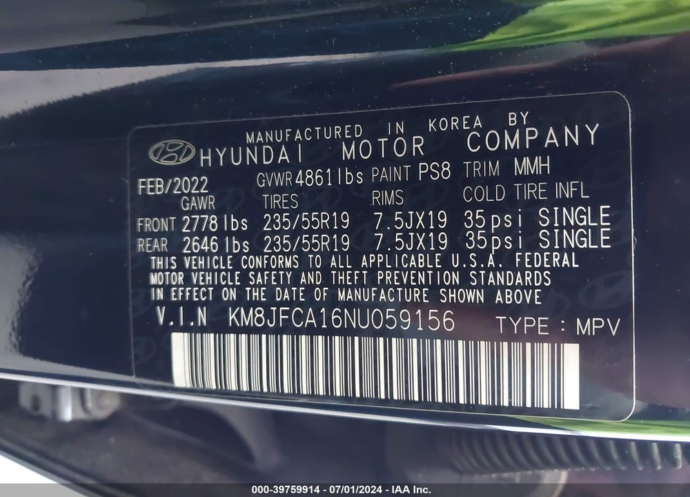 2022 HYUNDAI TUCSON HYBRID SEL CONVENIENCE VIN: KM8JFCA16NU059156