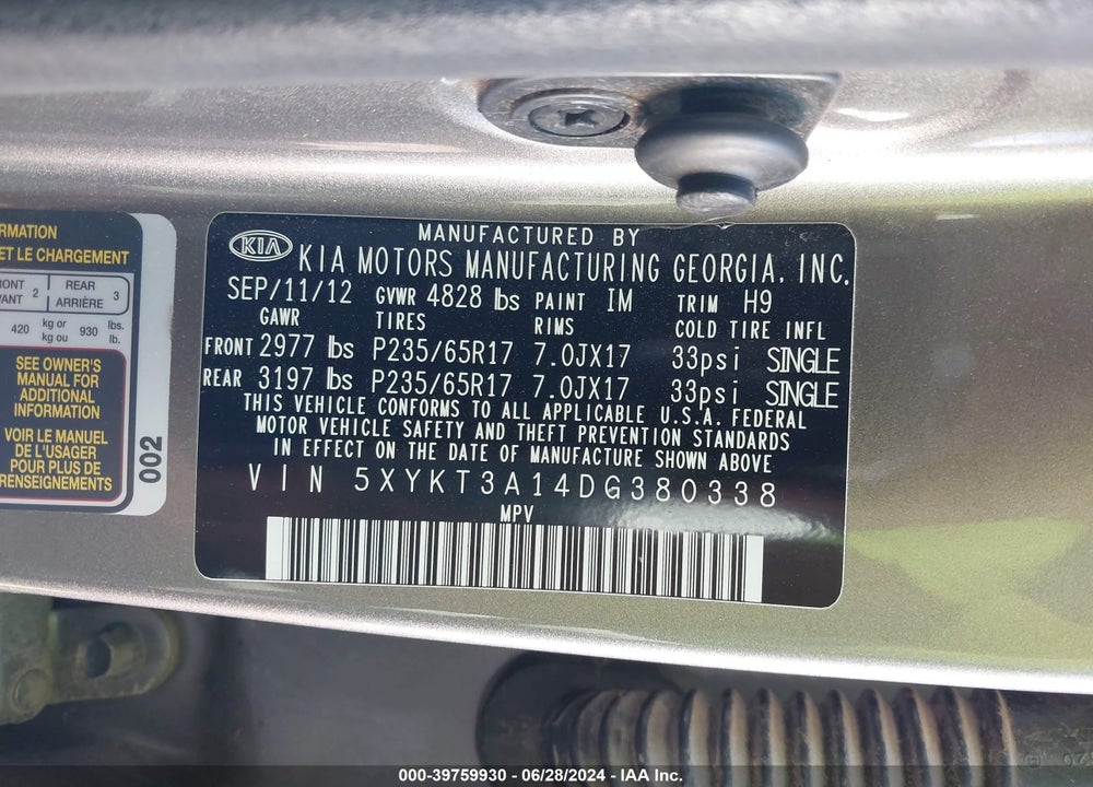 2013 KIA SORENTO LX VIN: 5XYKT3A14DG380338