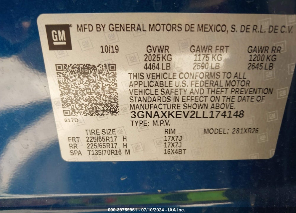 2020 CHEVROLET EQUINOX FWD LT 1.5L TURBO VIN: 3GNAXKEV2LL174148