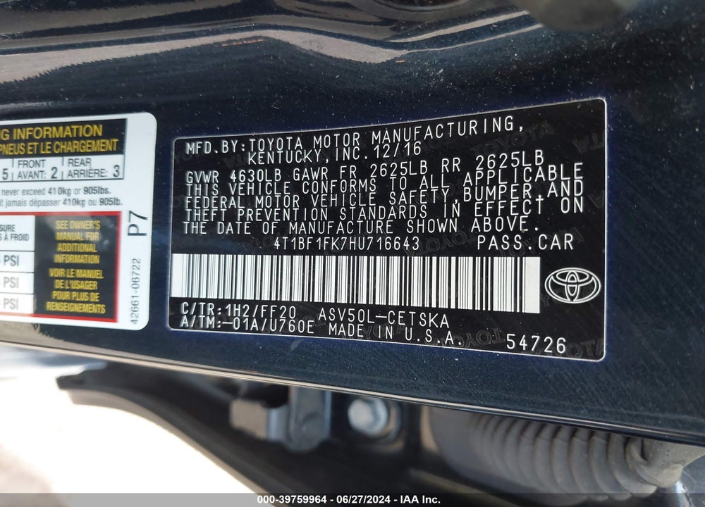 2017 TOYOTA CAMRY SE VIN: 4T1BF1FK7HU716643