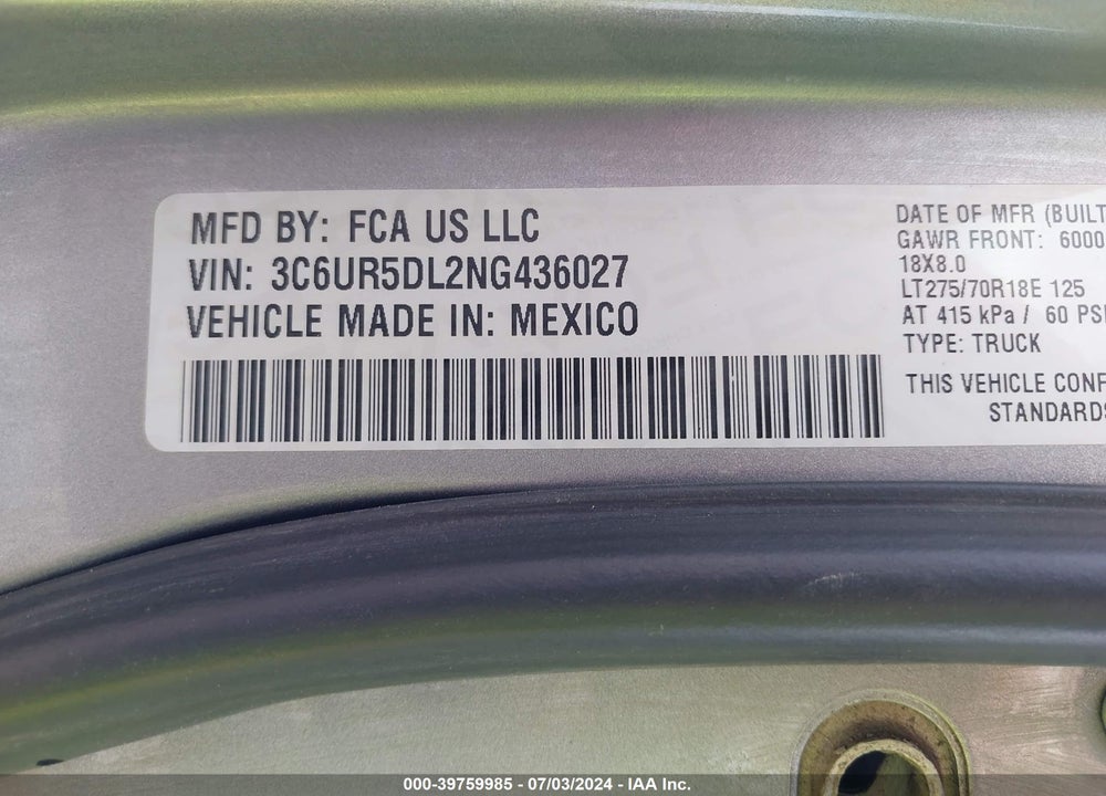 2022 RAM 2500 VIN: 3C6UR5DL2NG436027