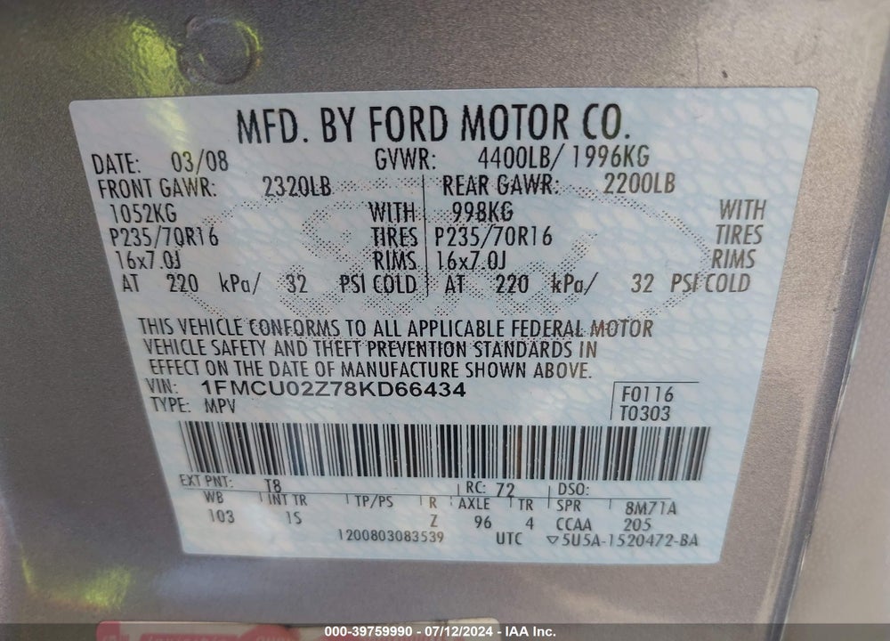 2008 FORD ESCAPE XLS/XLS MANUAL VIN: 1FMCU02Z78KD66434