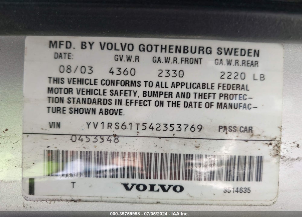 2004 VOLVO S60 2.4 VIN: YV1RS61T542353769