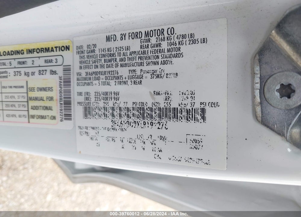 2020 FORD FUSION TITANIUM VIN: 3FA6P0D9XLR192276
