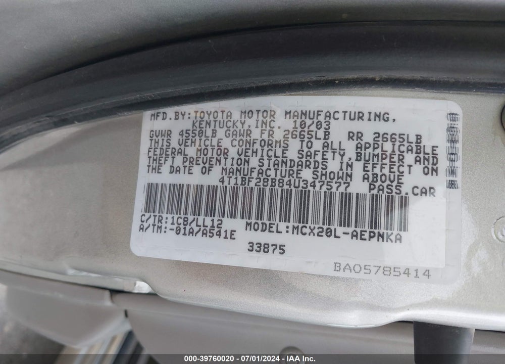 2004 TOYOTA AVALON XL VIN: 4T1BF28B84U347577