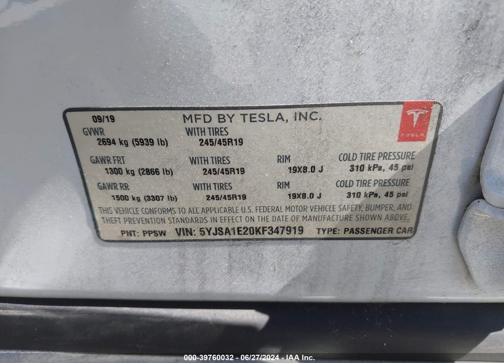 2019 TESLA MODEL S 100D/75D/LONG RANGE/STANDARD RANGE VIN: 5YJSA1E20KF347919