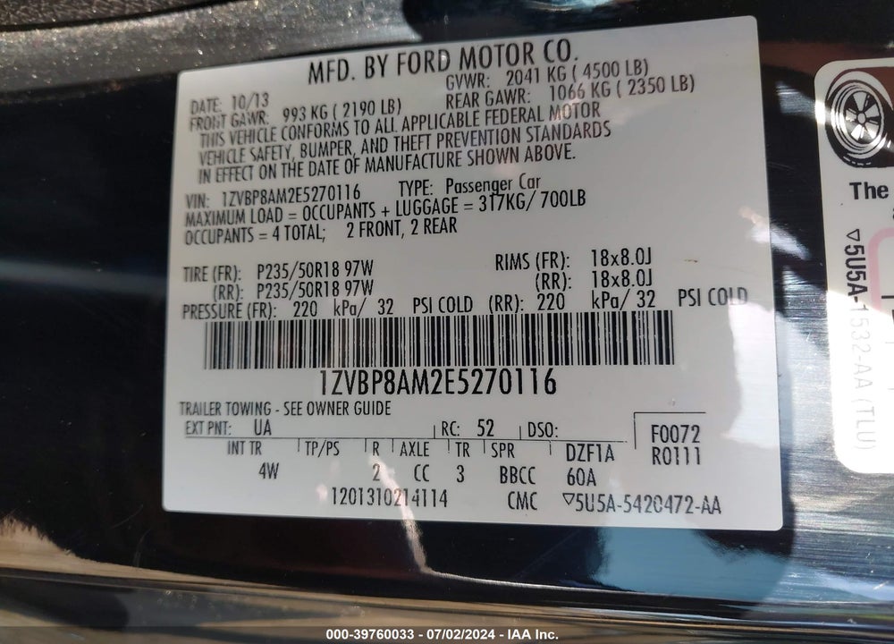 2014 FORD MUSTANG V6 PREMIUM VIN: 1ZVBP8AM2E5270116