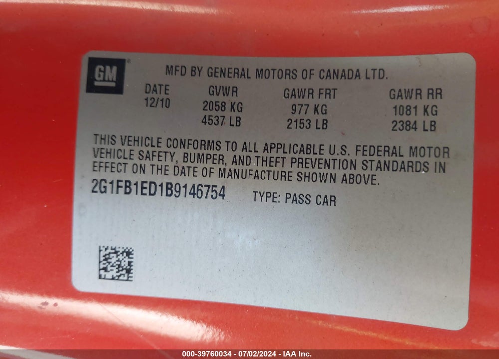 2011 CHEVROLET CAMARO 1LT VIN: 2G1FB1ED1B9146754