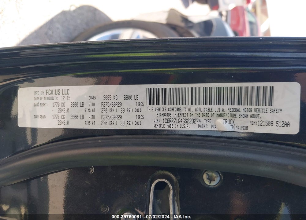 2016 RAM 1500 BIG HORN VIN: 1C6RR7LG4GS223274