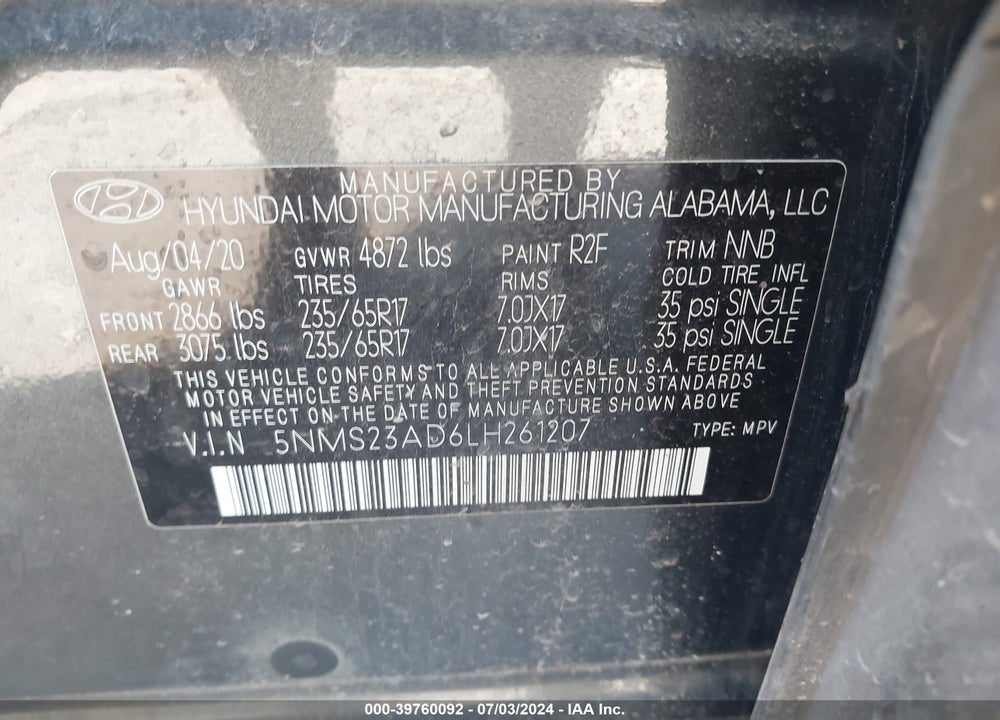2020 HYUNDAI SANTA FE SE VIN: 5NMS23AD6LH261207
