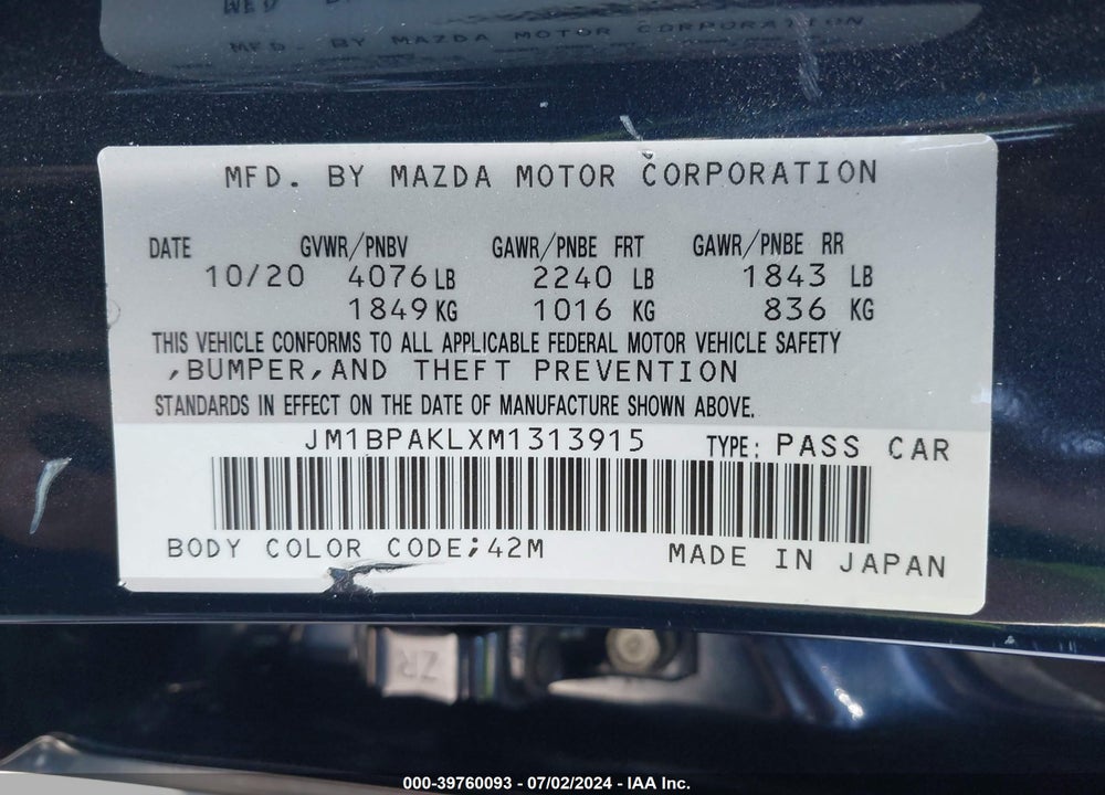 2021 MAZDA 3 SELECT VIN: JM1BPAKLXM1313915