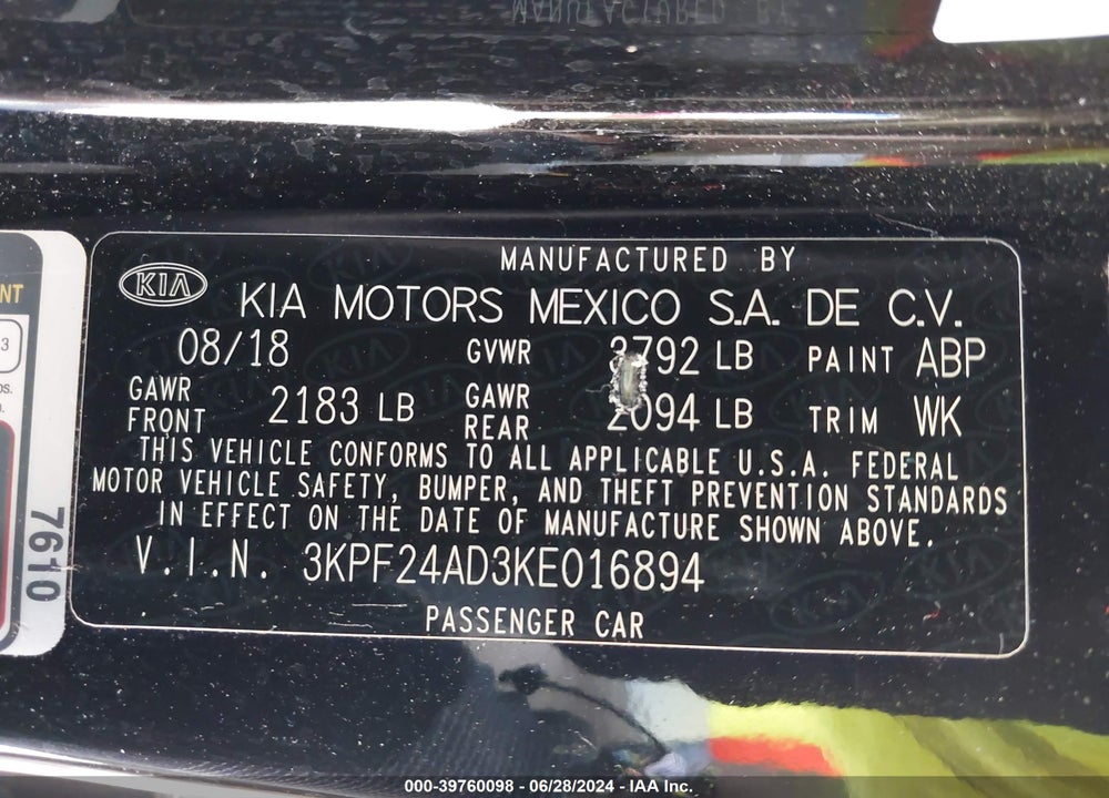 2019 KIA FORTE LXS VIN: 3KPF24AD3KE016894