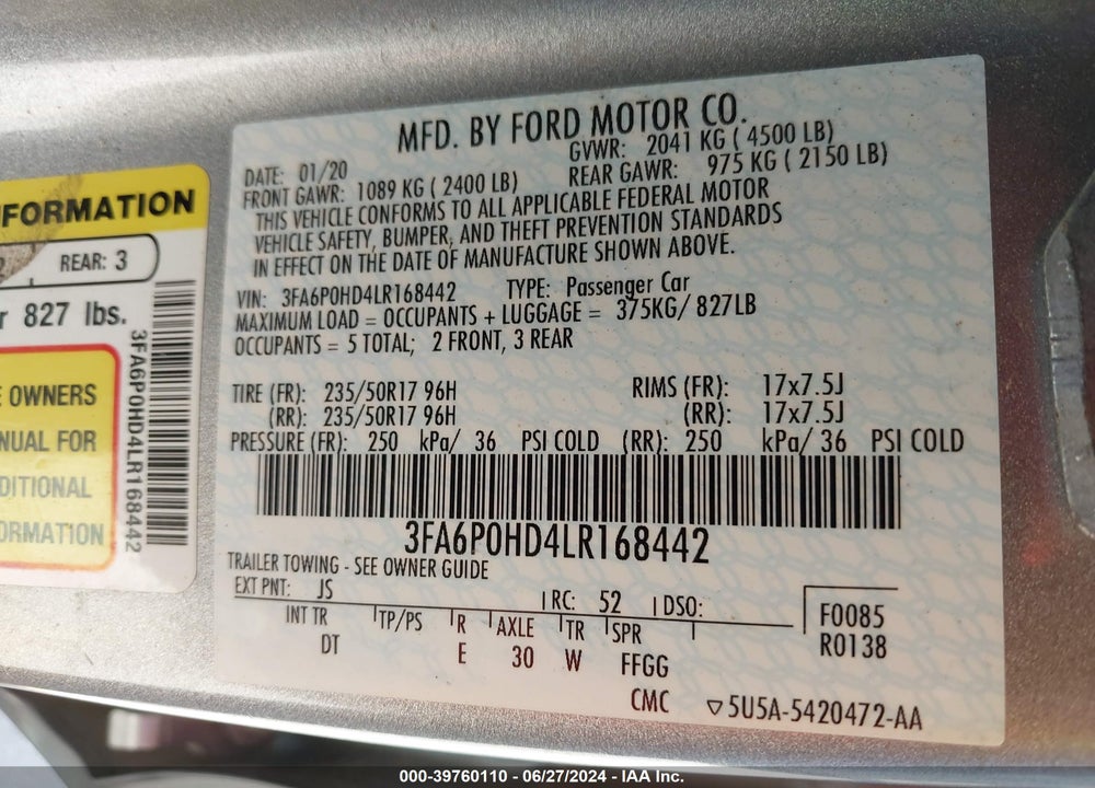 2020 FORD FUSION SE VIN: 3FA6P0HD4LR168442