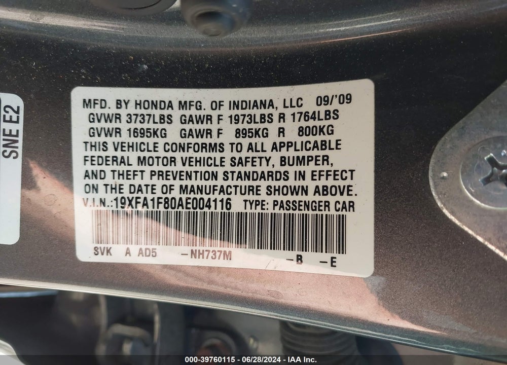 2010 HONDA CIVIC EX VIN: 19XFA1F80AE004116