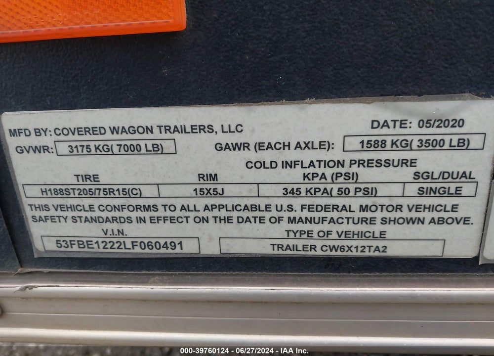 2020 COVERED WAGON CW6X12A2 VIN: 53FBE1222LF060491