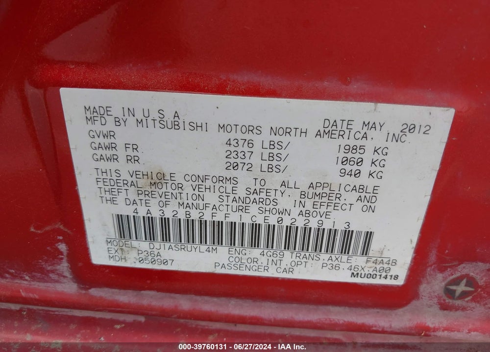 2012 MITSUBISHI GALANT FE VIN: 4A32B2FF1CE022913