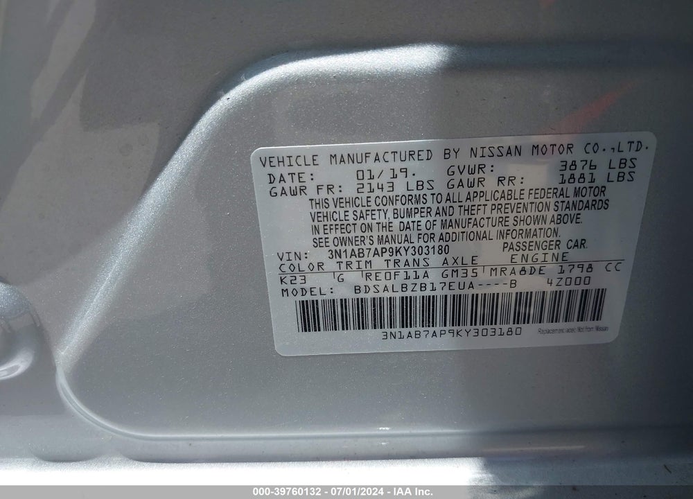2019 NISSAN SENTRA S VIN: 3N1AB7AP9KY303180