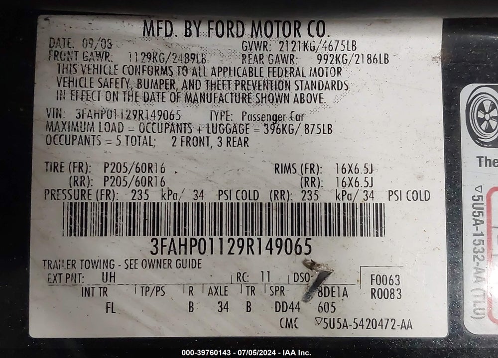2009 FORD FUSION SE VIN: 3FAHP01129R149065