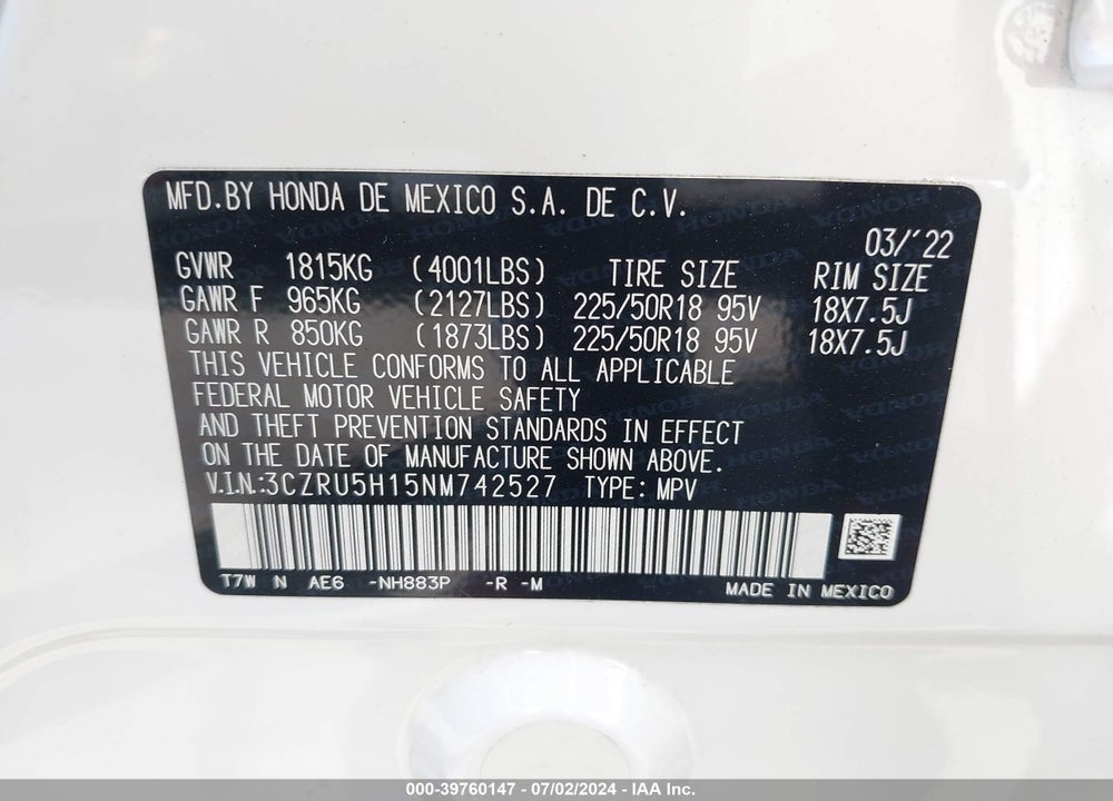 2022 HONDA HR-V 2WD SPORT VIN: 3CZRU5H15NM742527