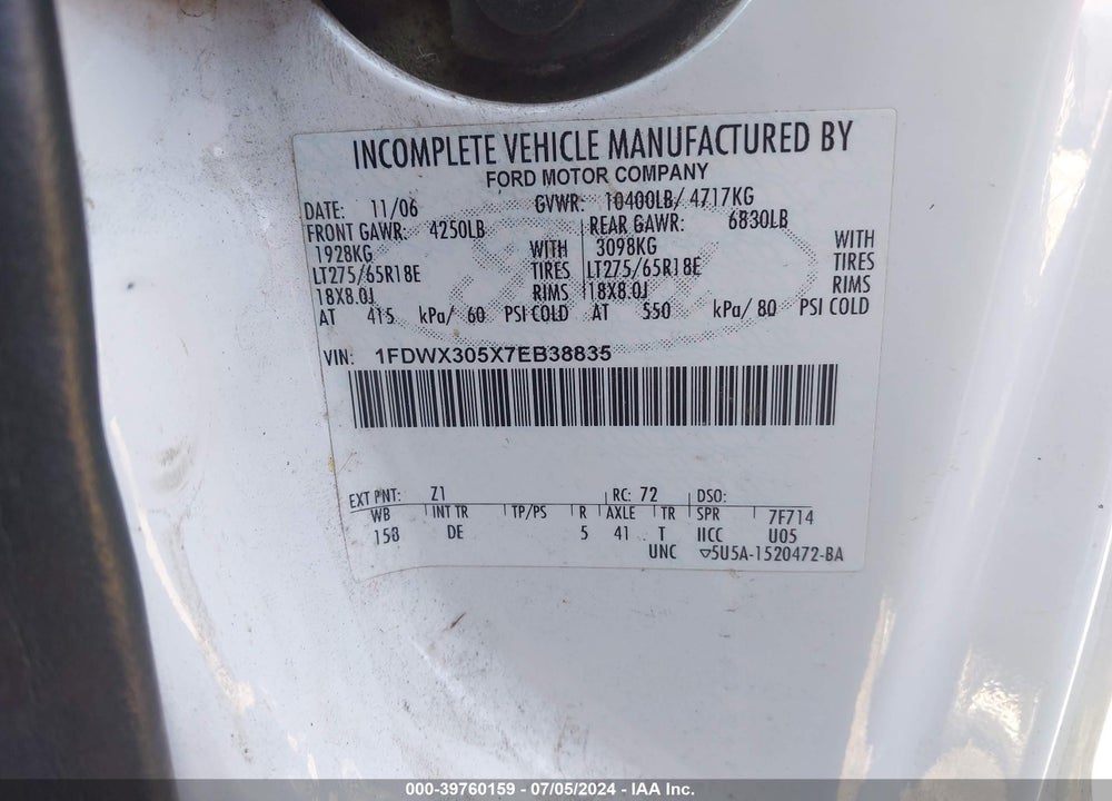 2007 FORD F-250 LARIAT/XL/XLT VIN: 1FTSX20P77EA38996