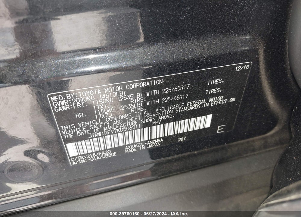 2019 TOYOTA RAV4 XLE VIN: JTMW1RFV7KD506211