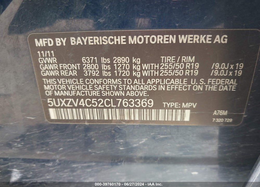 2012 BMW X5 XDRIVE35I/XDRIVE35I PREMIUM/XDRIVE35I SPORT ACTIVITY VIN: 5UXZV4C52CL763369