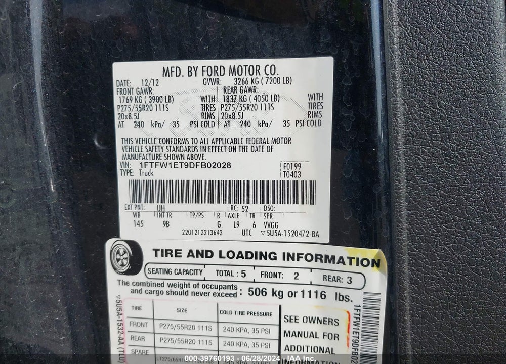 2013 FORD F-150 PLATINUM VIN: 1FTFW1ET9DFB02028
