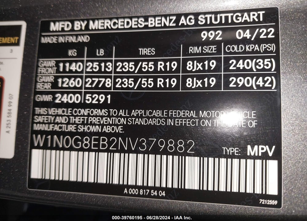 2022 MERCEDES-BENZ GLC 300 4MATIC SUV VIN: W1N0G8EB2NV379882