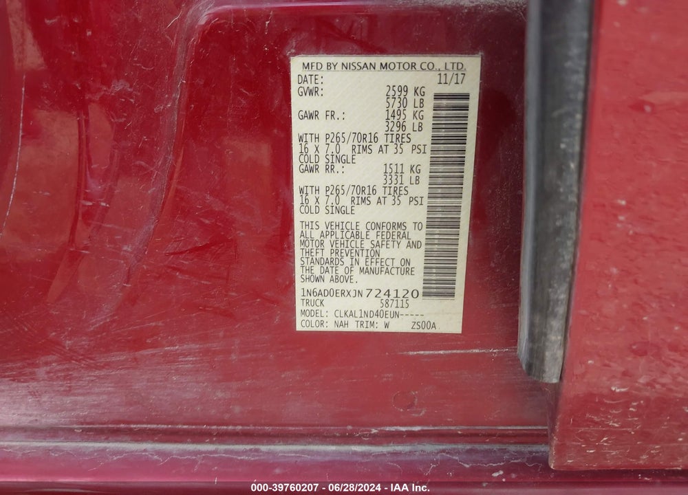 2018 NISSAN FRONTIER S VIN: 1N6AD0ERXJN724120
