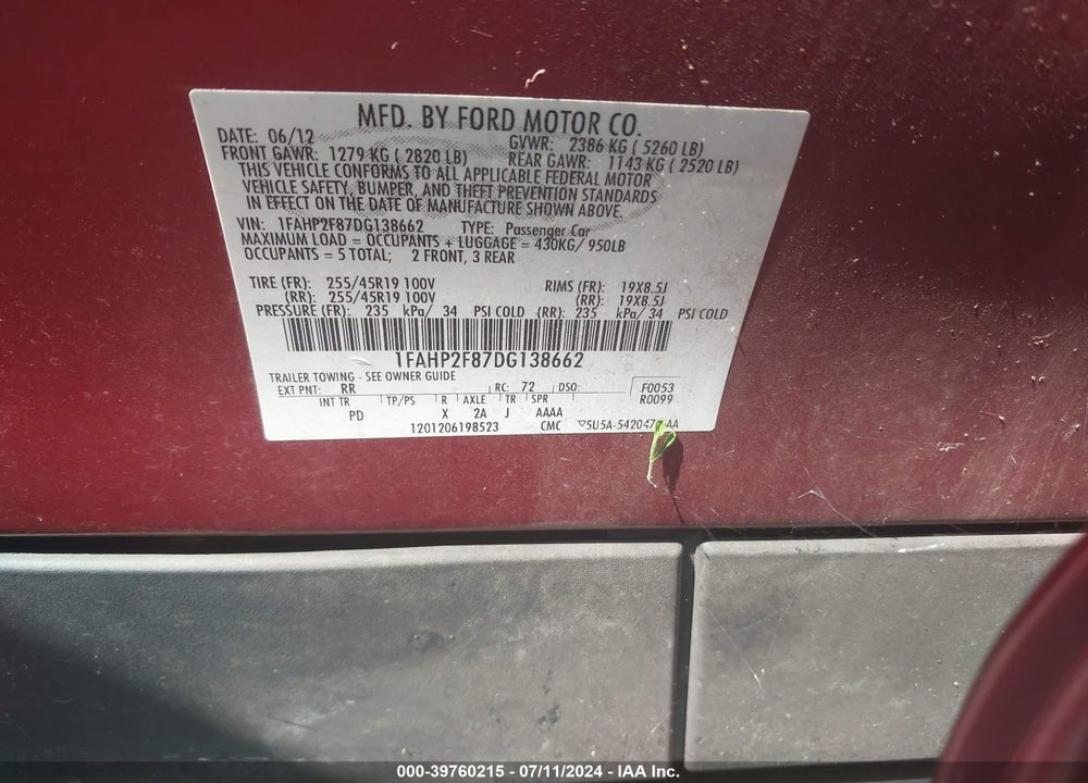 2013 FORD TAURUS LIMITED VIN: 1FAHP2F87DG138662