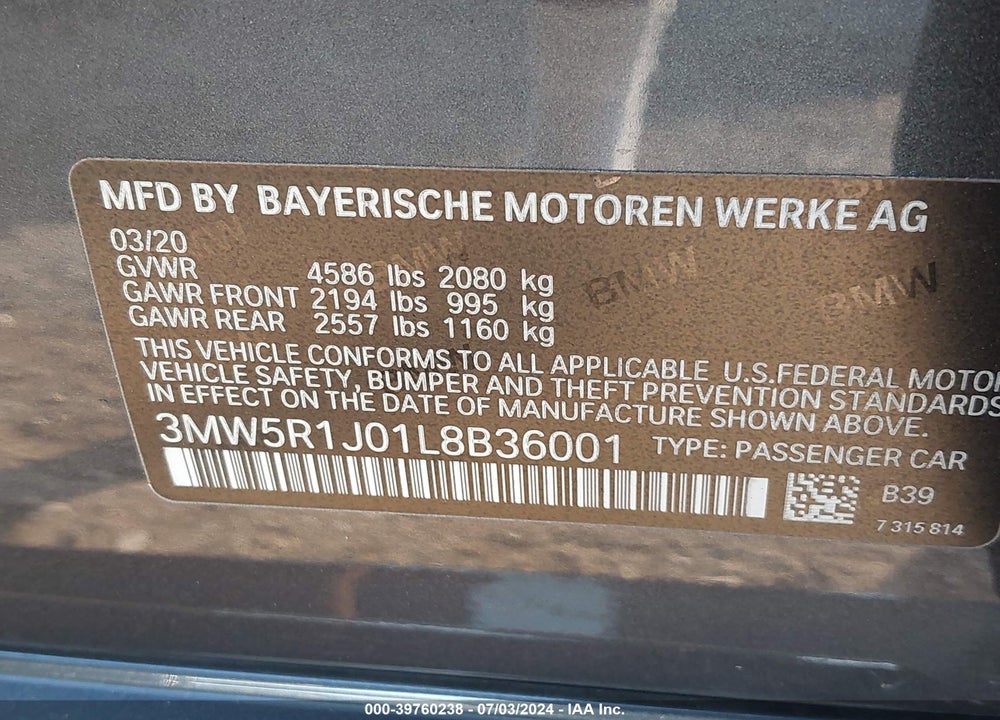 2020 BMW 330I VIN: 3MW5R1J01L8B36001