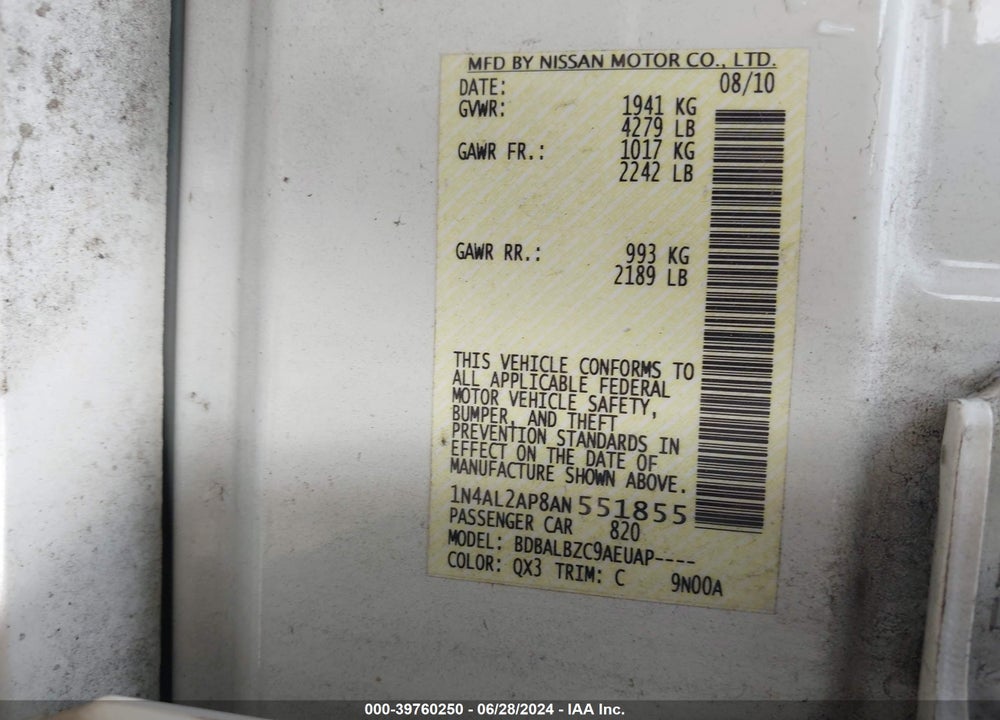 2010 NISSAN ALTIMA VIN: 1N4AL2AP8AN551855