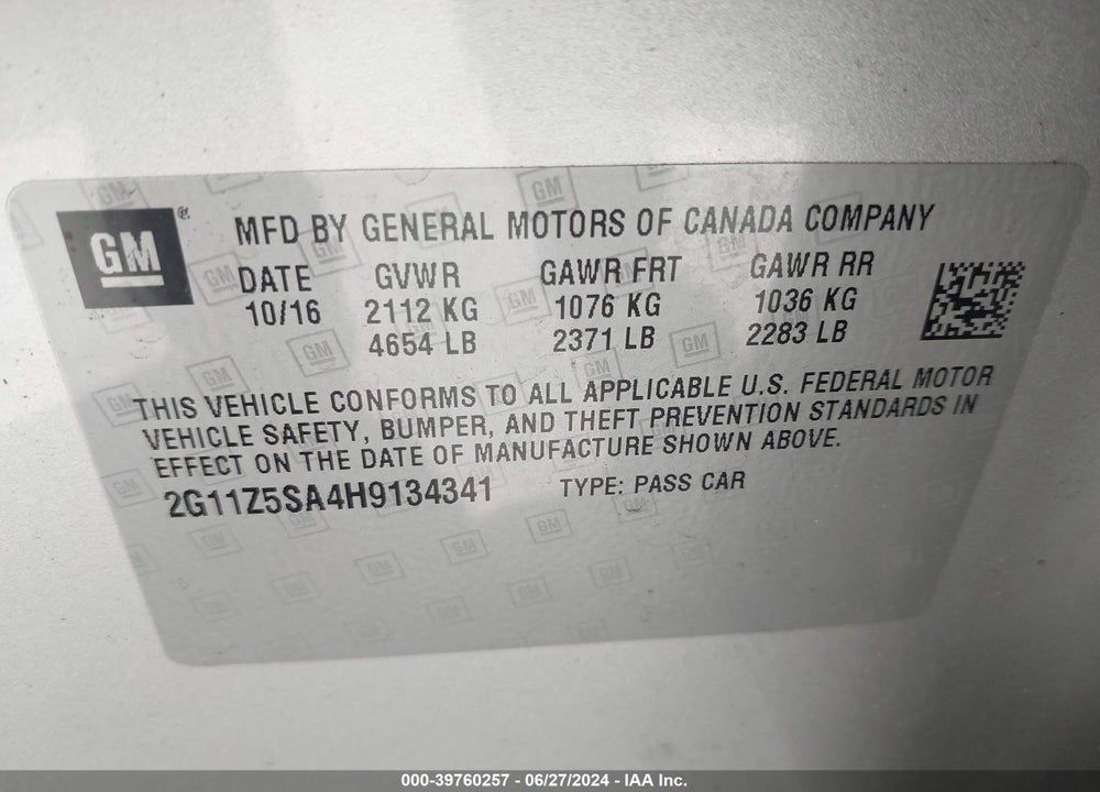 2017 CHEVROLET IMPALA LS VIN: 2G11Z5SA4H9134341