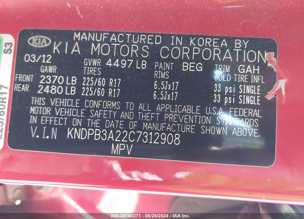 2012 KIA SPORTAGE LX VIN: KNDPB3A22C7312908