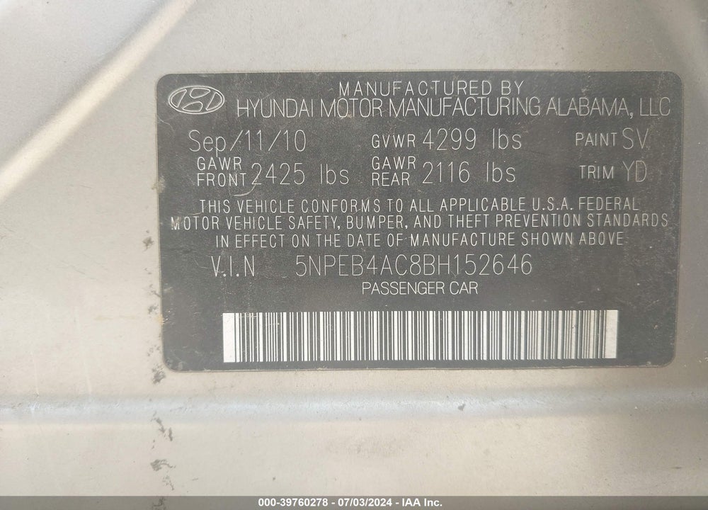 2011 HYUNDAI SONATA GLS VIN: 5NPEB4AC8BH152646