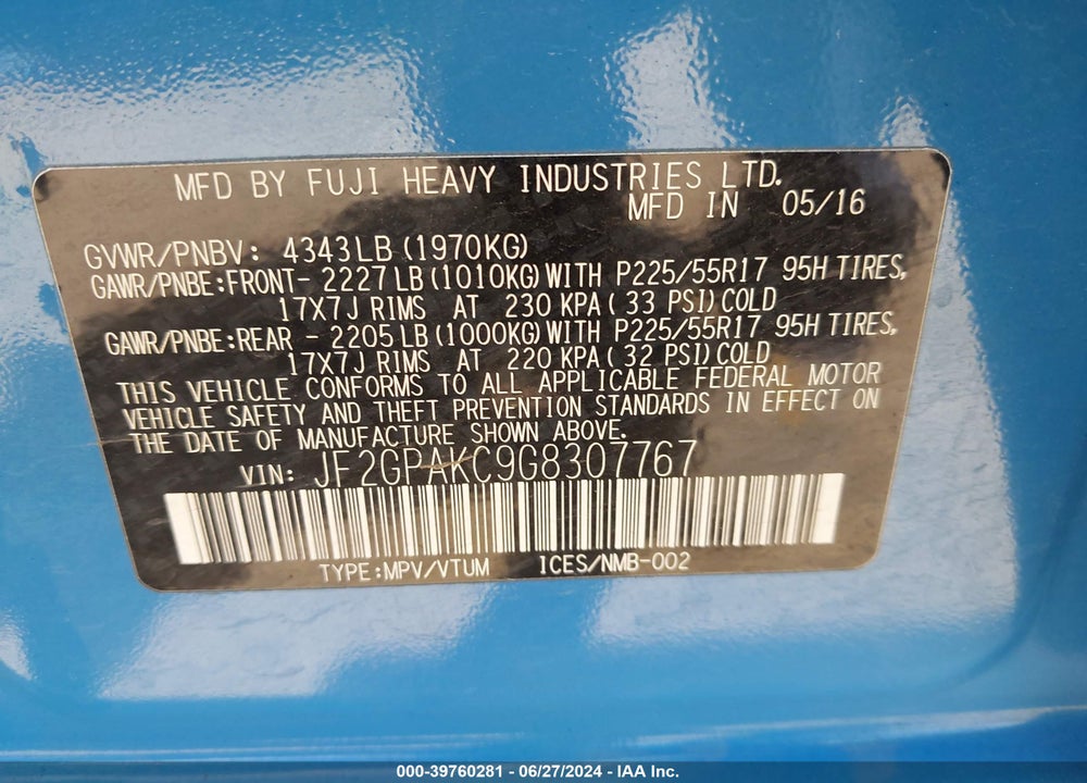 2016 SUBARU CROSSTREK 2.0I LIMITED VIN: JF2GPAKC9G8307767