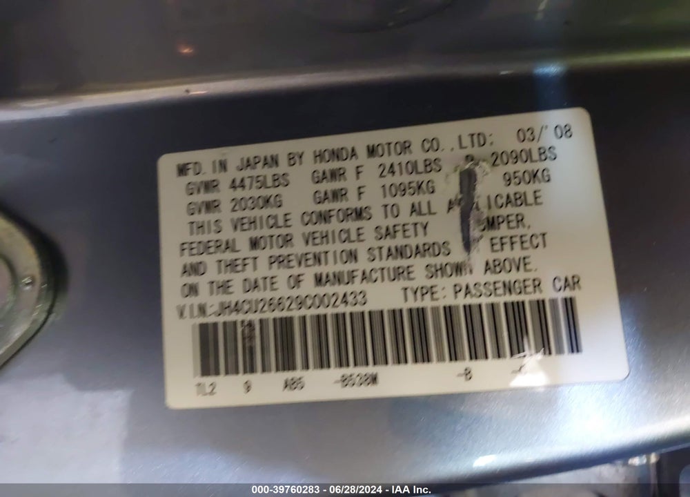 2009 ACURA TSX VIN: JH4CU26629C002433