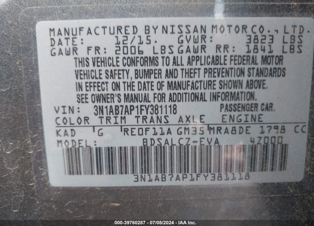 2015 NISSAN SENTRA S VIN: 3N1AB7AP1FY381118