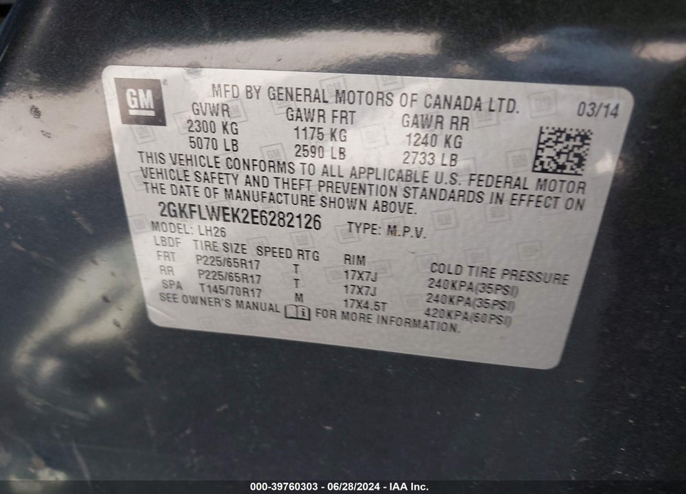 2014 GMC TERRAIN SLE-2 VIN: 2GKFLWEK2E6282126