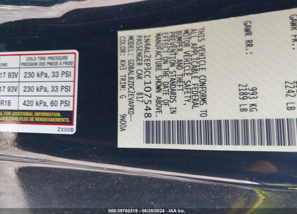 2012 NISSAN ALTIMA 2.5 S VIN: 1N4AL2EP3CC107548