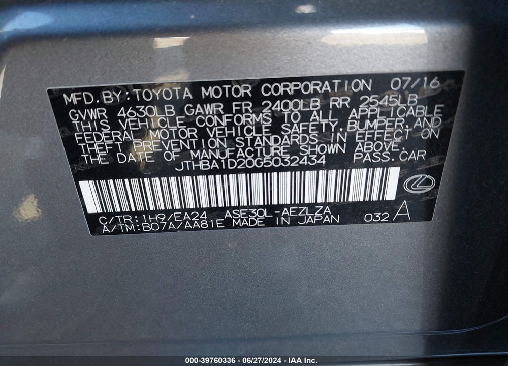 2016 LEXUS IS 200T VIN: JTHBA1D20G5032434