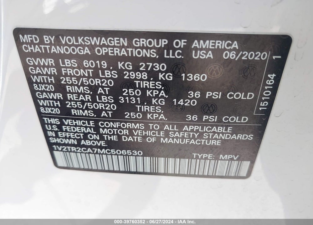 2021 VOLKSWAGEN ATLAS 3.6L V6 SEL PREMIUM VIN: 1V2TR2CA7MC506530
