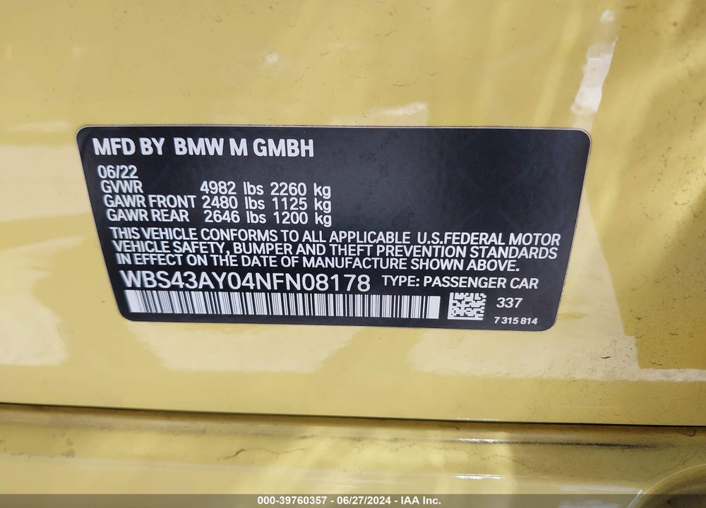 2022 BMW M3 COMPETITION XDRIVE VIN: WBS43AY04NFN08178