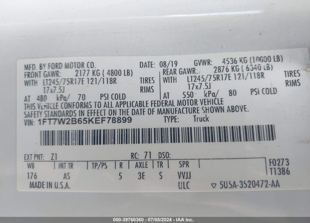 2019 FORD F-250 XL VIN: 1FT7W2B65KEF78899