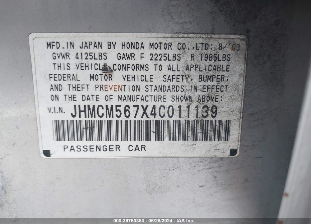 2004 HONDA ACCORD 2.4 EX VIN: JHMCM567X4C011139