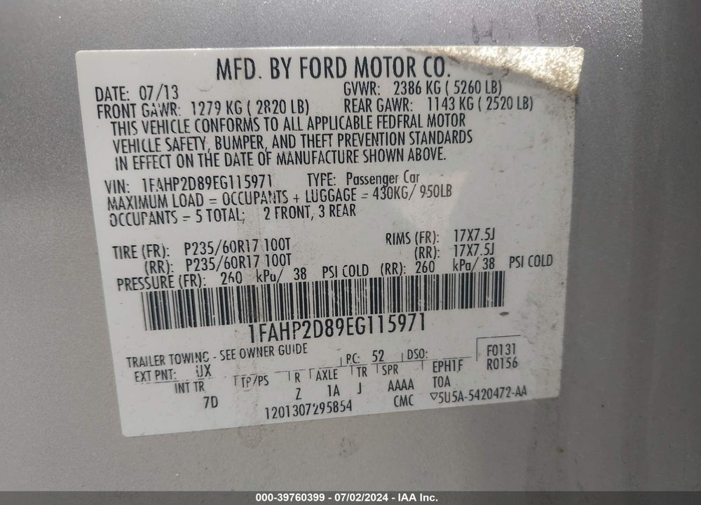 2014 FORD TAURUS SE VIN: 1FAHP2D89EG115971