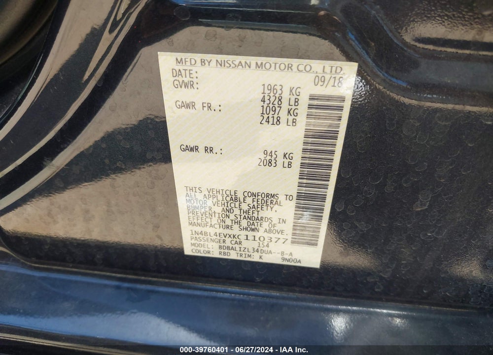 2019 NISSAN ALTIMA 2.5 SL VIN: 1N4BL4EVXKC110377