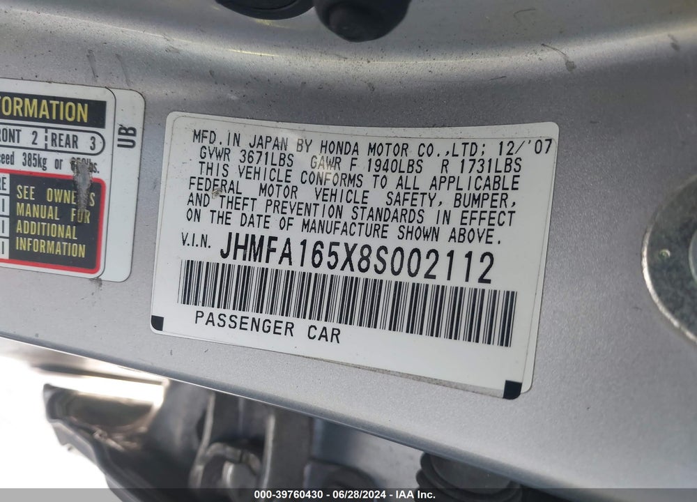 2008 HONDA CIVIC LX VIN: JHMFA165X8S002112
