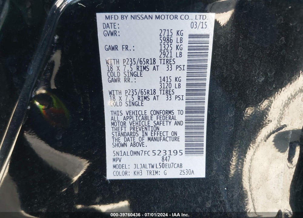 2015 INFINITI QX60 VIN: 5N1AL0MN7FC523195